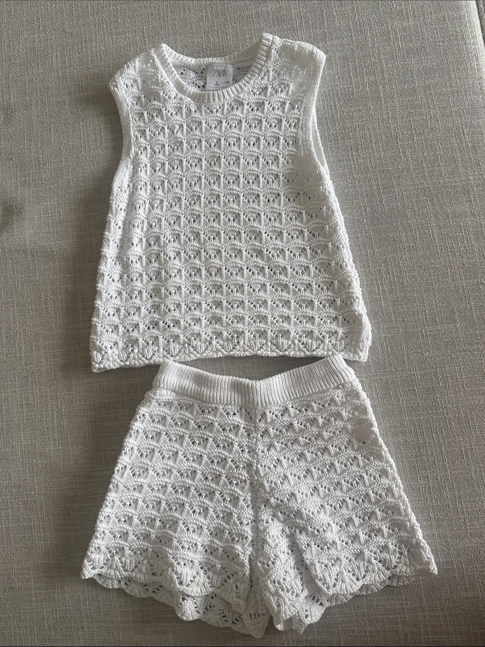 Zara White Crochet Shorts Set